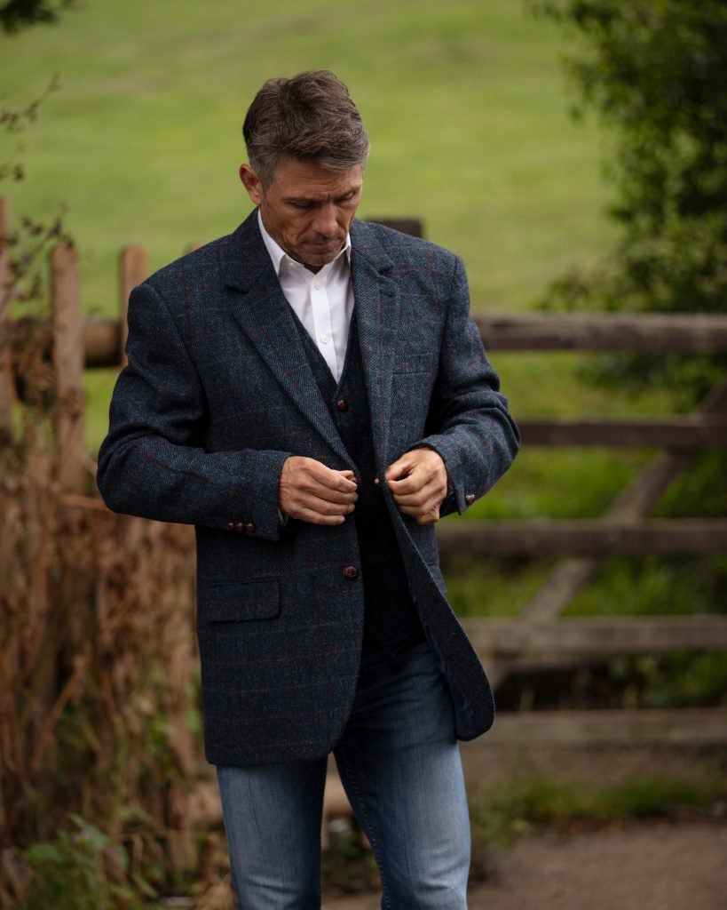 Harris Tweed Blazer: Walker & Hawkes - Royal Blue with Leather Buttons Harris Tweed Blazer: Walker & Hawkes - Royal Blue with Leather Buttons
